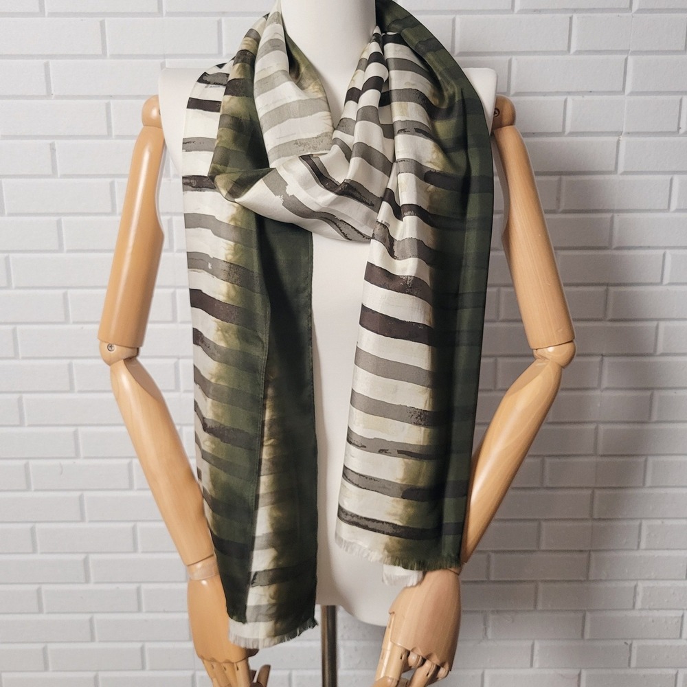Chicos Silk Scarf Olive‎ Green Modernist Stripe Long Rectangle